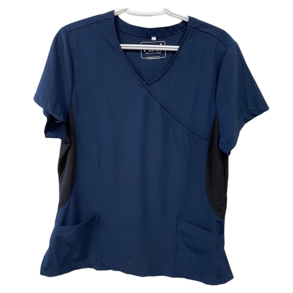 REVEL PREMIUM STRETCH SCRUBS SHIRT - LARGE - BLUE & BLACK WITH POC